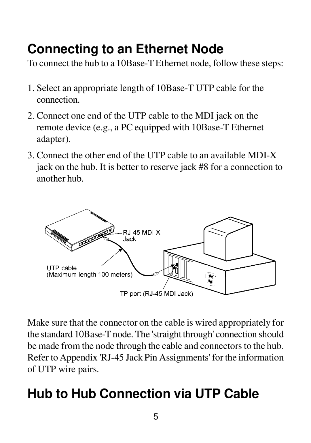 KTI Networks DH-8T manual Connecting to an Ethernet Node, Hub to Hub Connection via UTP Cable 