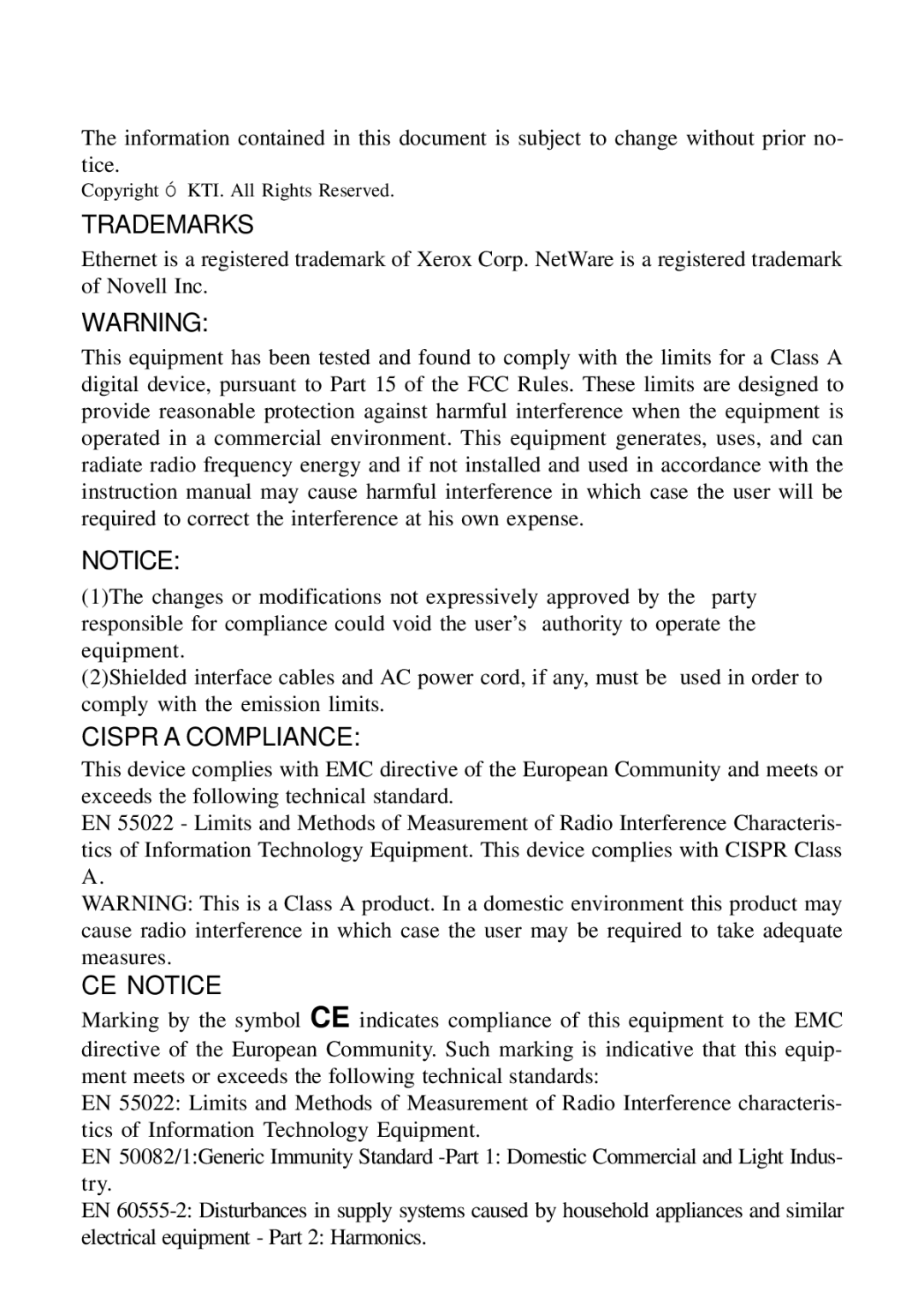 KTI Networks DH-8T manual Trademarks 