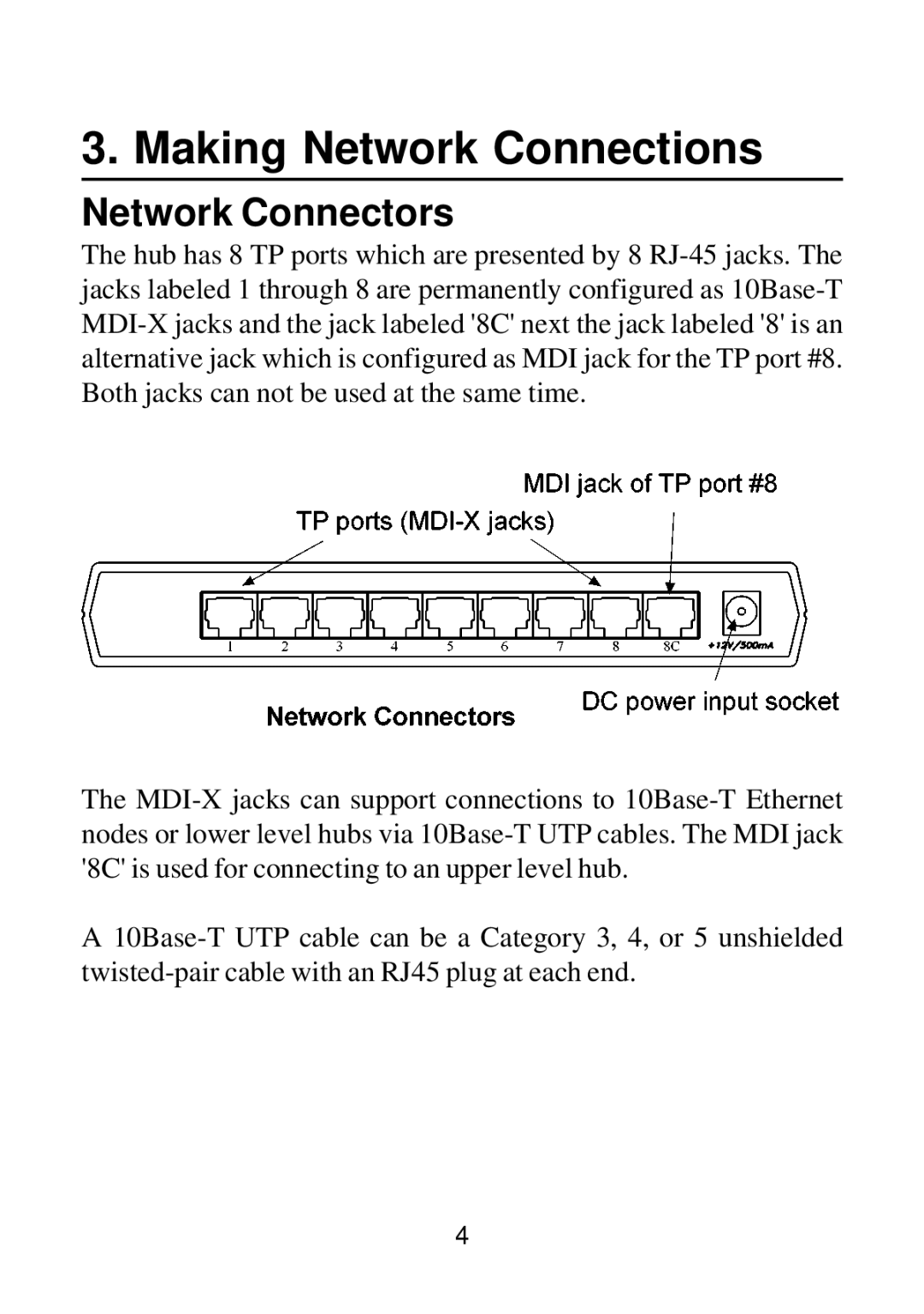 KTI Networks DH-8T manual Making Network Connections, Network Connectors 