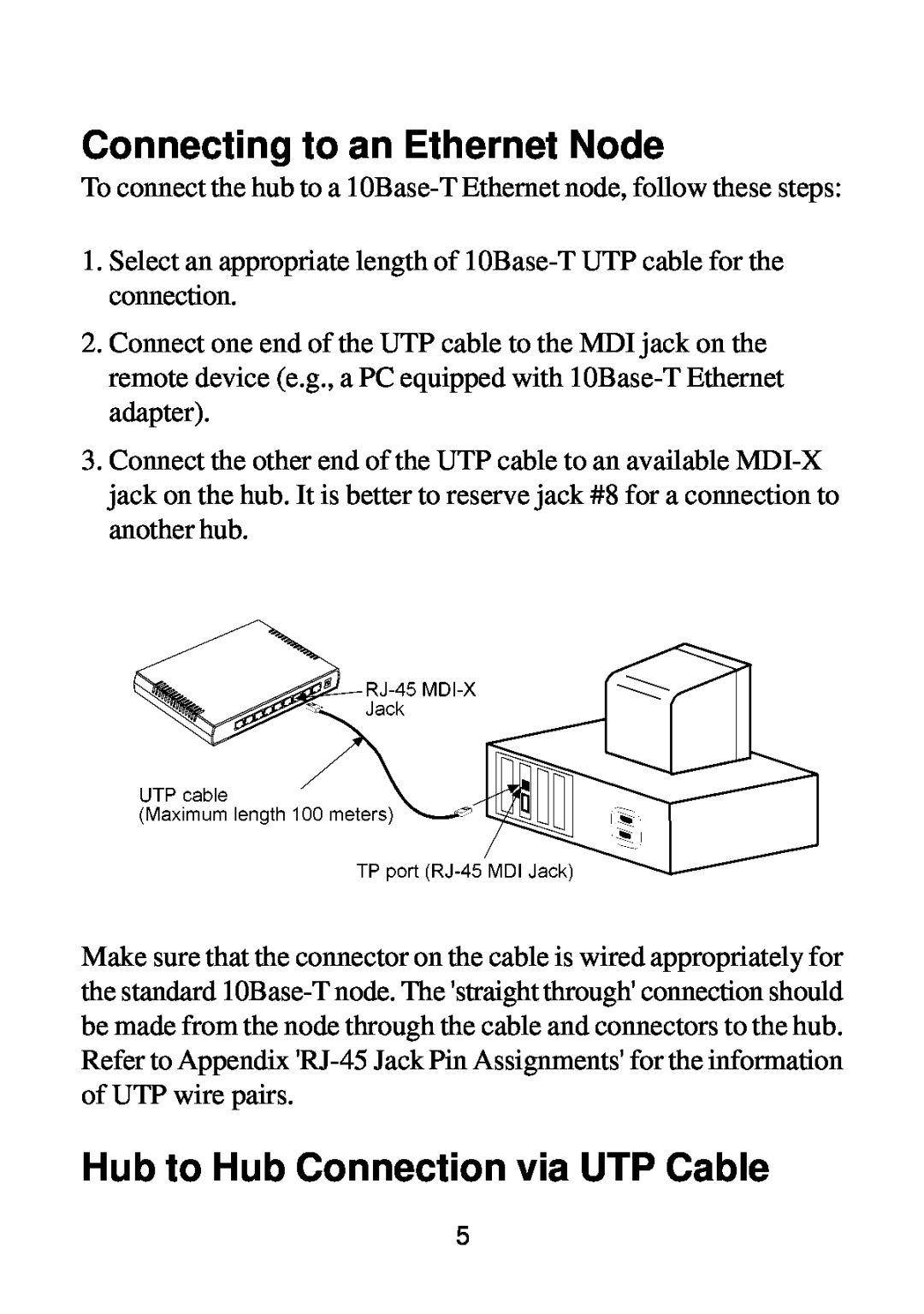 KTI Networks DH-8T manual Connecting to an Ethernet Node, Hub to Hub Connection via UTP Cable 