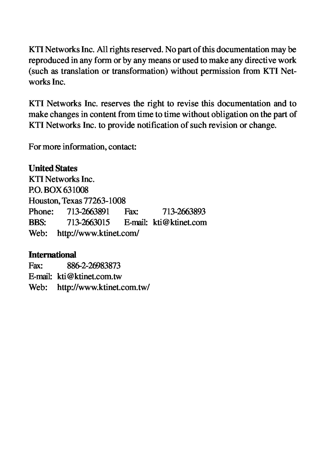 KTI Networks DH-8T manual United States, International 