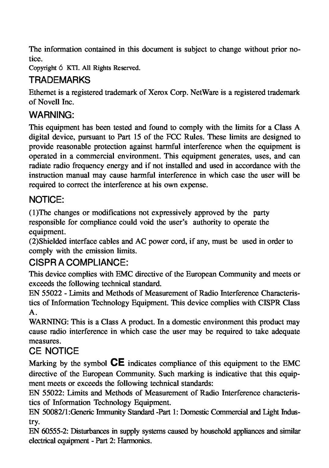 KTI Networks DH-8T manual Trademarks, Cispr A Compliance, Ce Notice 