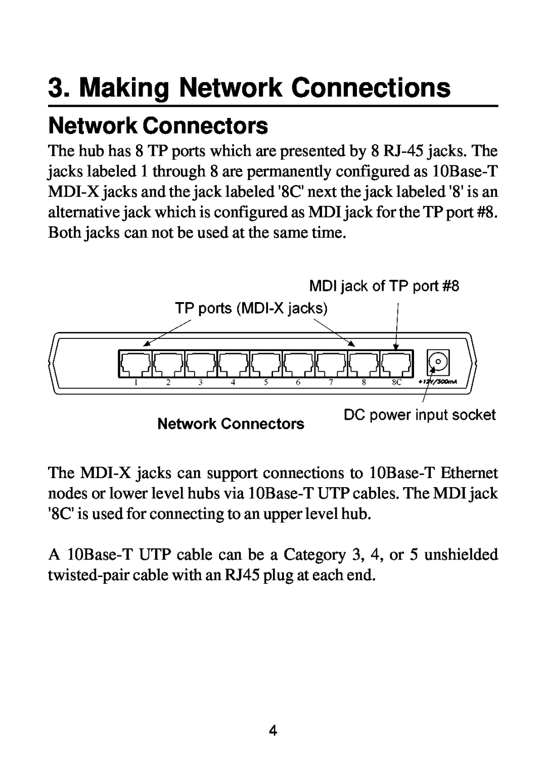 KTI Networks DH-8T manual Making Network Connections, Network Connectors 