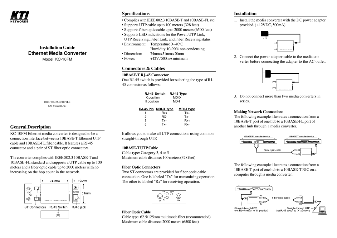 KTI Networks KC-10FM specifications Installation Guide, General Description, Specifications, Connectors & Cables 