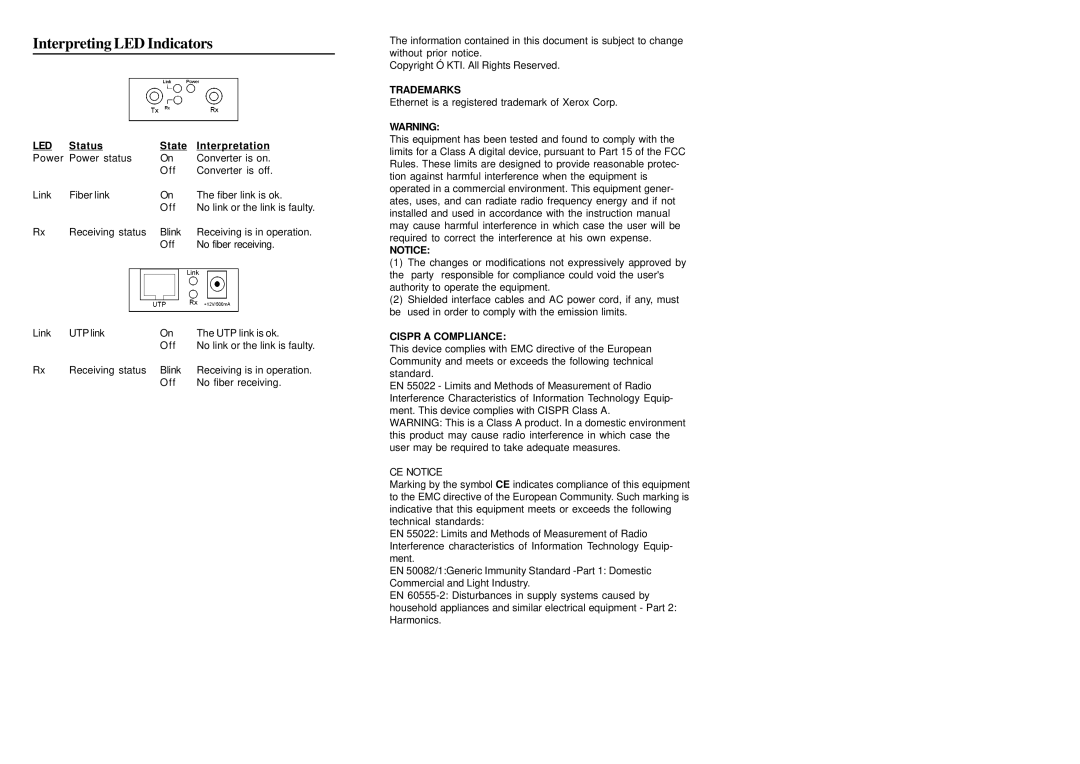 KTI Networks Ethernet Media Converter, KC-10FM specifications Interpreting LED Indicators, Led 