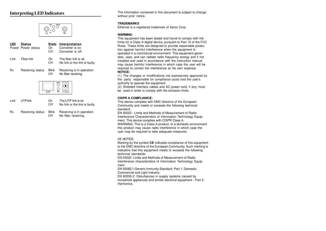 KTI Networks Ethernet Media Converter, KC-10FM specifications Interpreting LED Indicators 