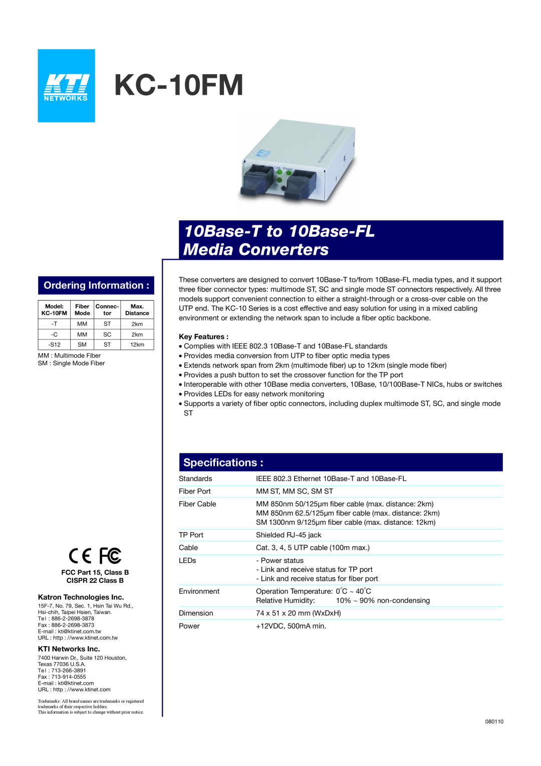 KTI Networks KC-10FM specifications Installation Guide, Ethernet Media Converter, General Description, Specifications 