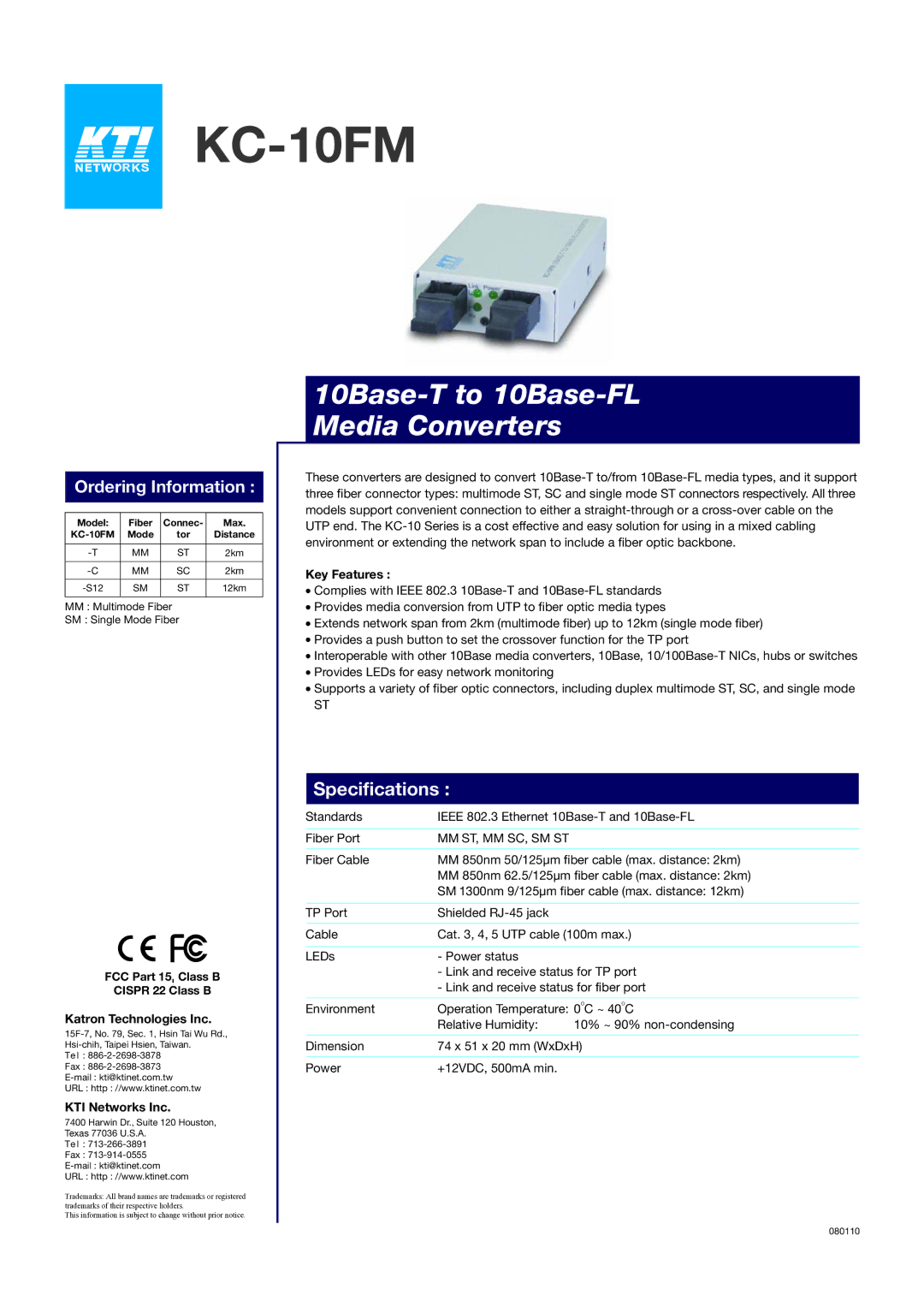 KTI Networks KC-10FM specifications 10Base-T to 10Base-FL Media Converters, Specifications, Ordering Information 