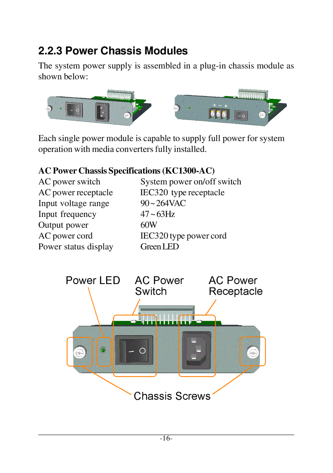 KTI Networks KC-1300 operation manual Power Chassis Modules, AC Power Chassis Specifications KC1300-AC 