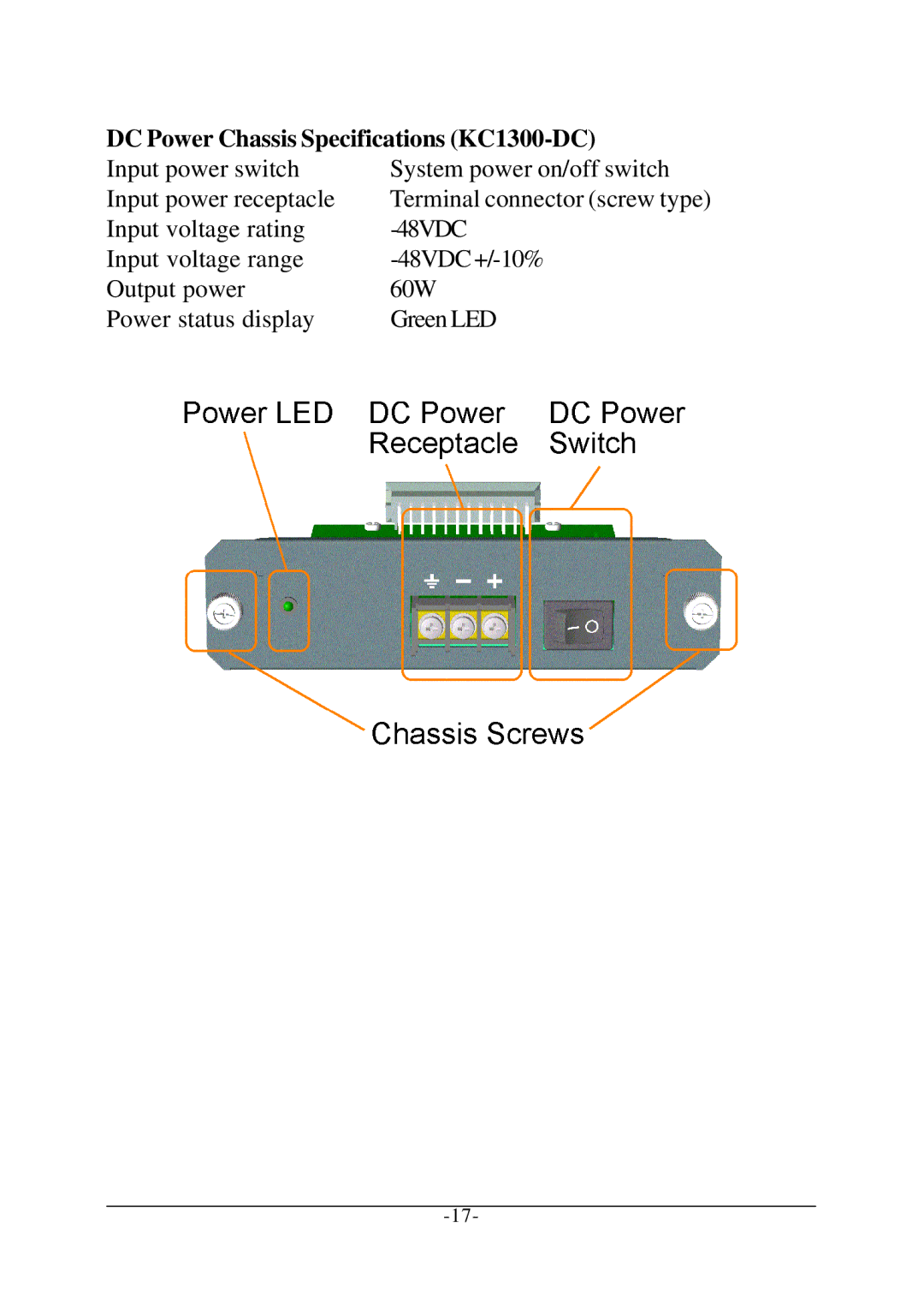 KTI Networks KC-1300 operation manual DC Power Chassis Specifications KC1300-DC 