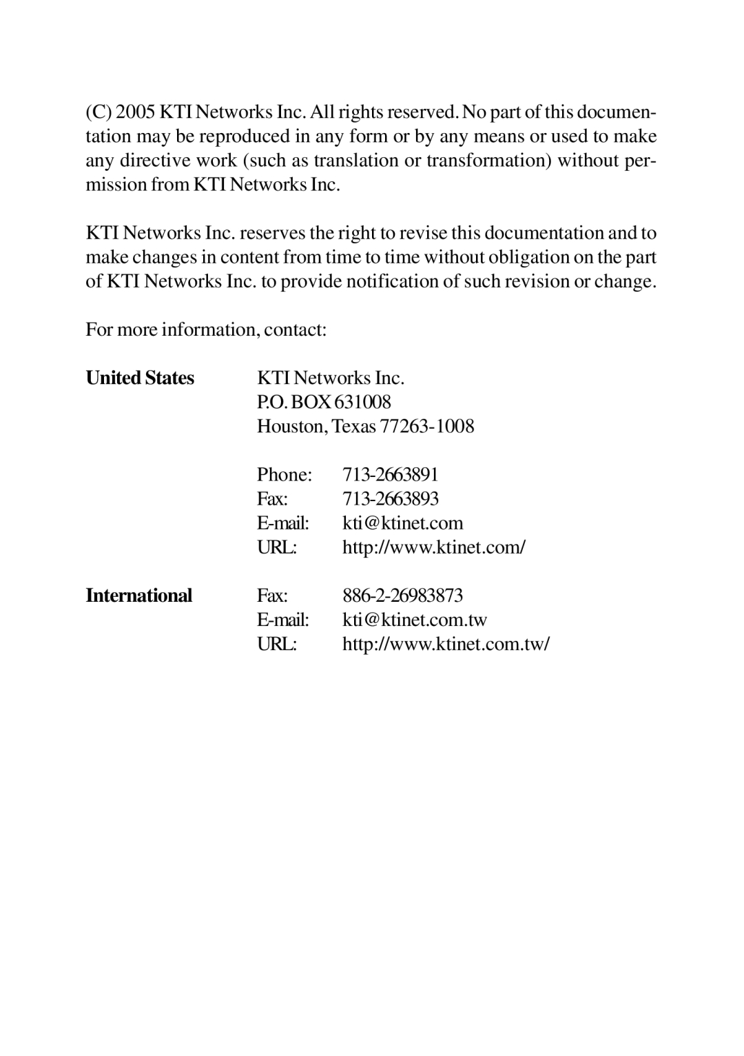 KTI Networks KC-1300 operation manual United States, International 