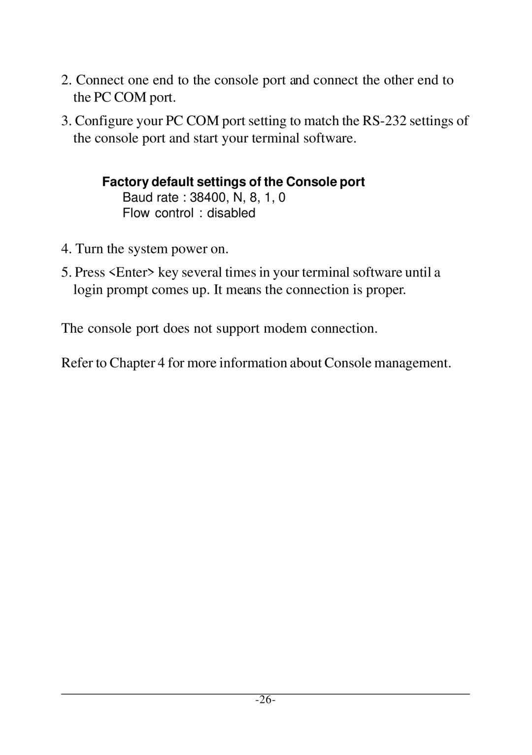 KTI Networks KC-1300 operation manual Factory default settings of the Console port 