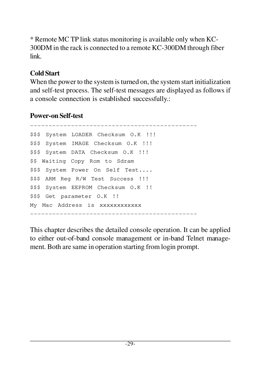 KTI Networks KC-1300 operation manual Cold Start, Power-on Self-test 