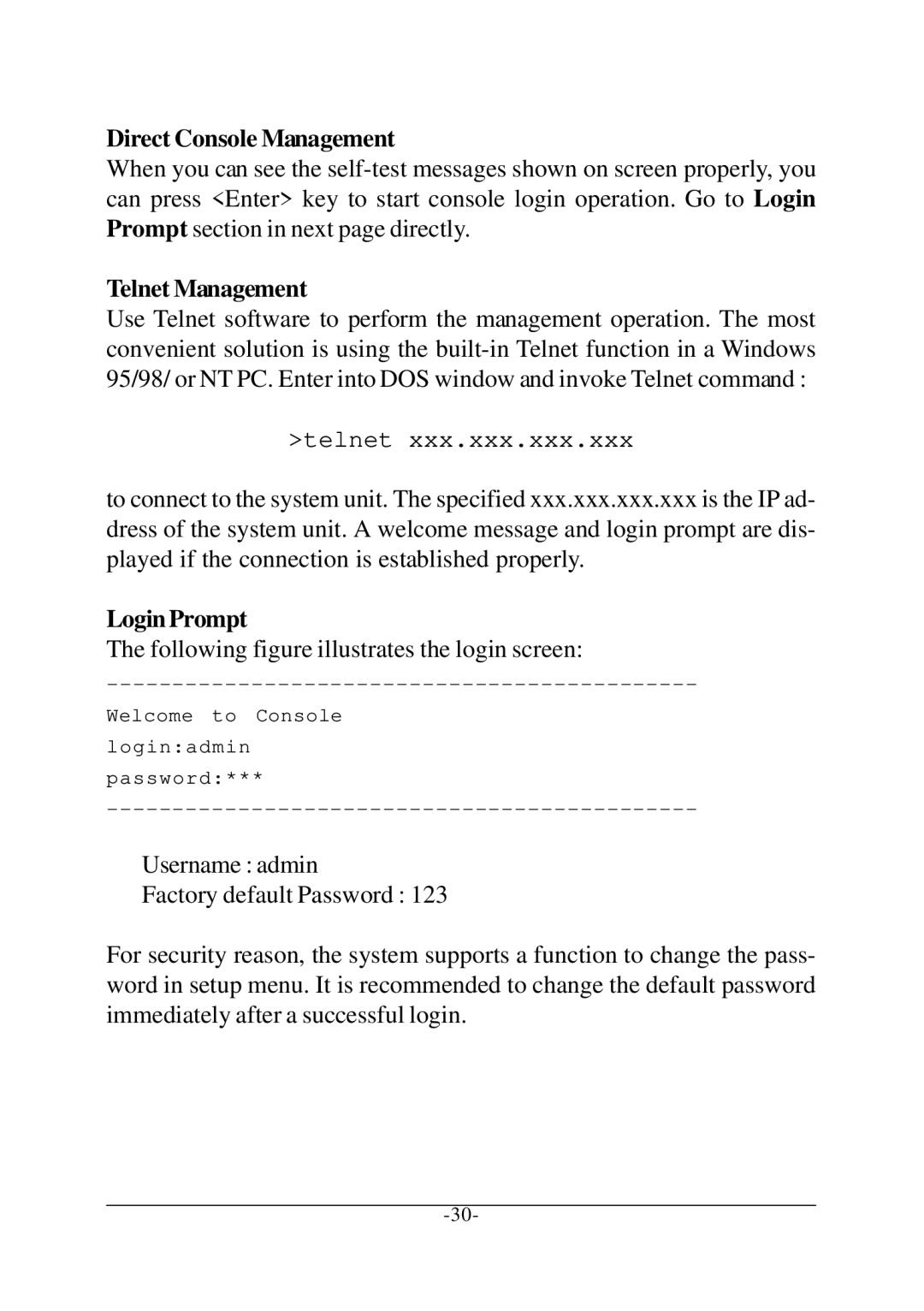 KTI Networks KC-1300 operation manual Direct Console Management, Telnet Management, Login Prompt 