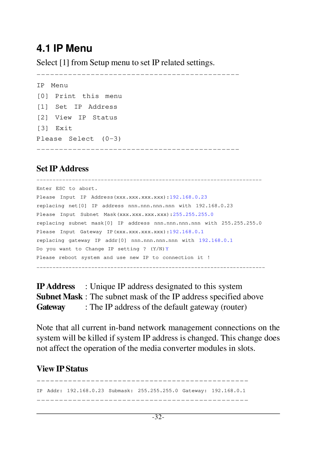 KTI Networks KC-1300 operation manual IP Menu, Set IP Address, View IP Status 