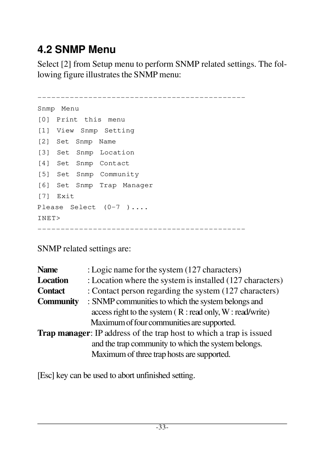 KTI Networks KC-1300 operation manual Snmp Menu, Location, Contact, Community 