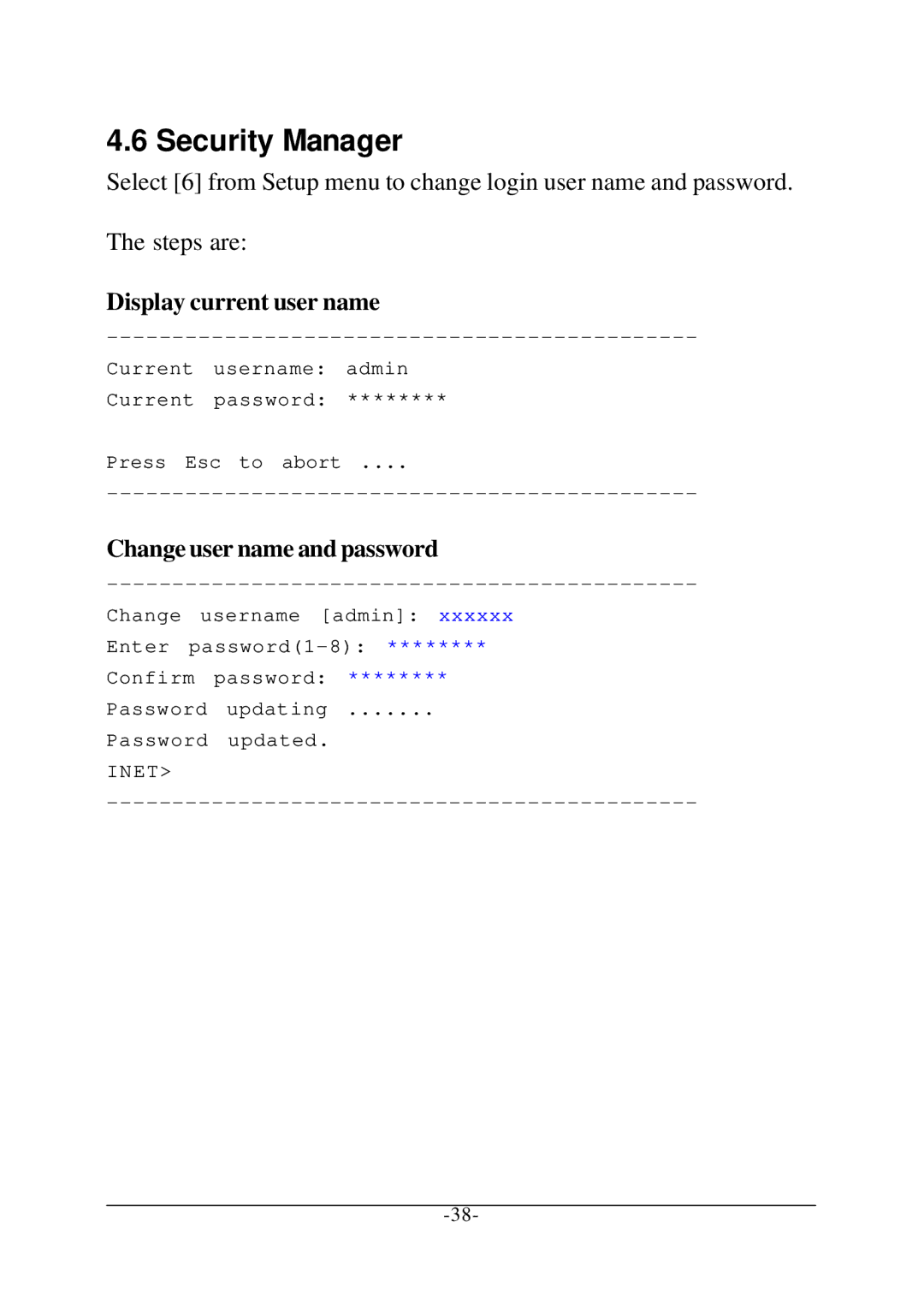 KTI Networks KC-1300 operation manual Security Manager, Display current user name, Change user name and password 