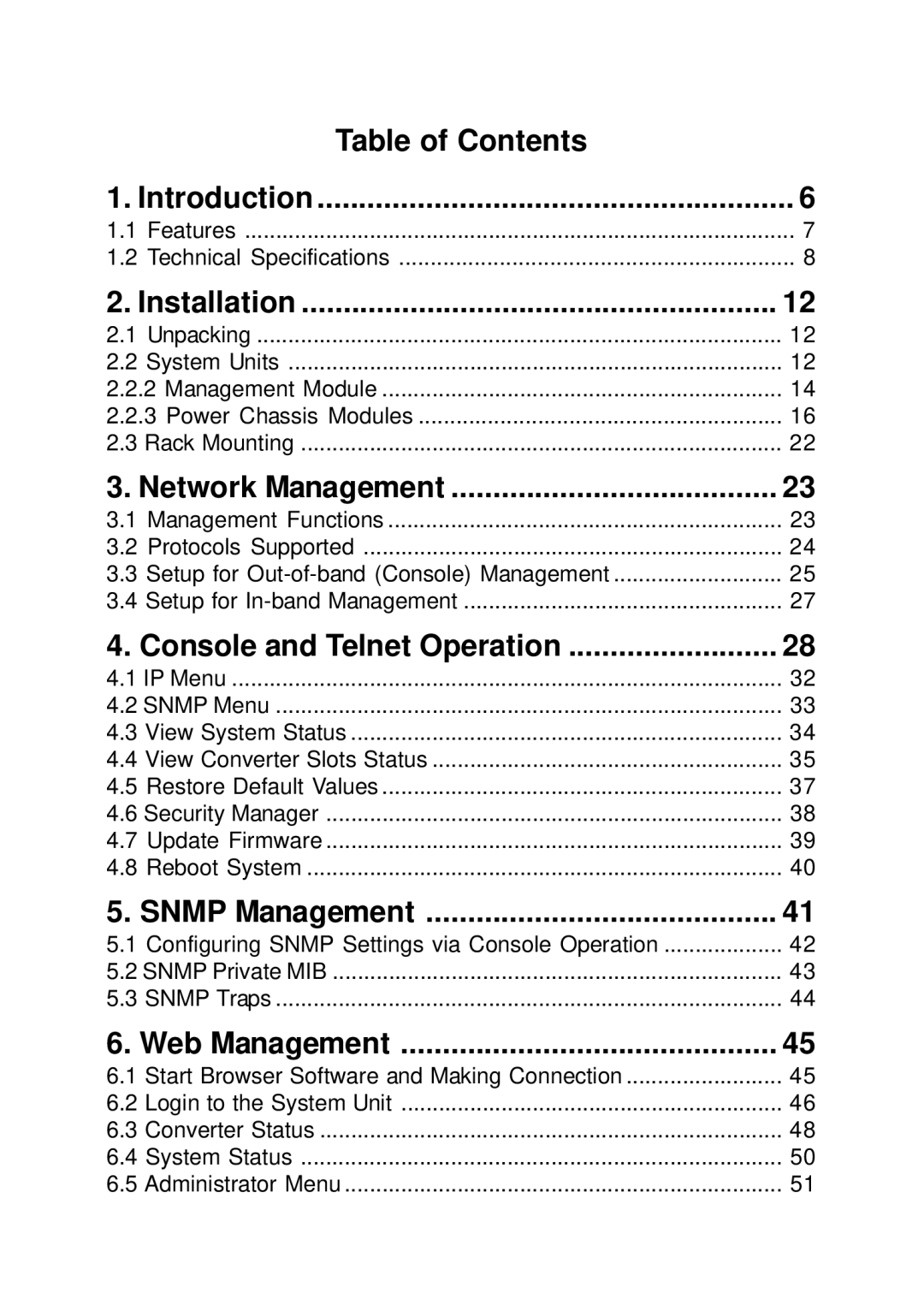 KTI Networks KC-1300 Table of Contents Introduction, Installation, Network Management, Console and Telnet Operation 