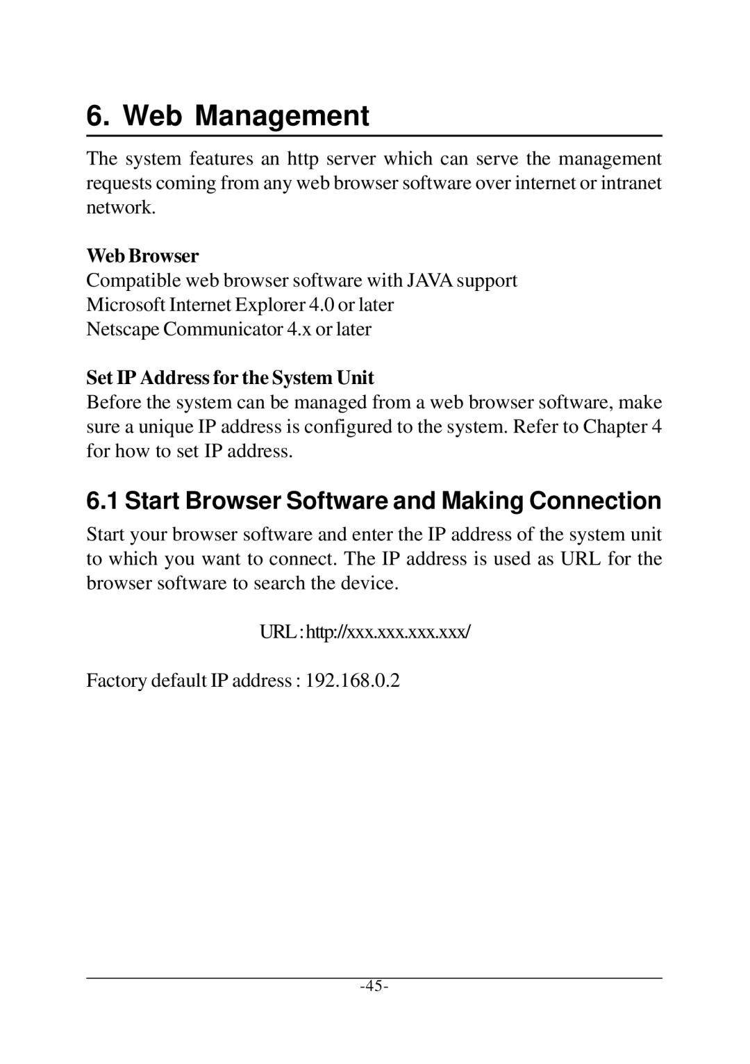 KTI Networks KC-1300 Start Browser Software and Making Connection, Web Browser, Set IP Address for the System Unit 