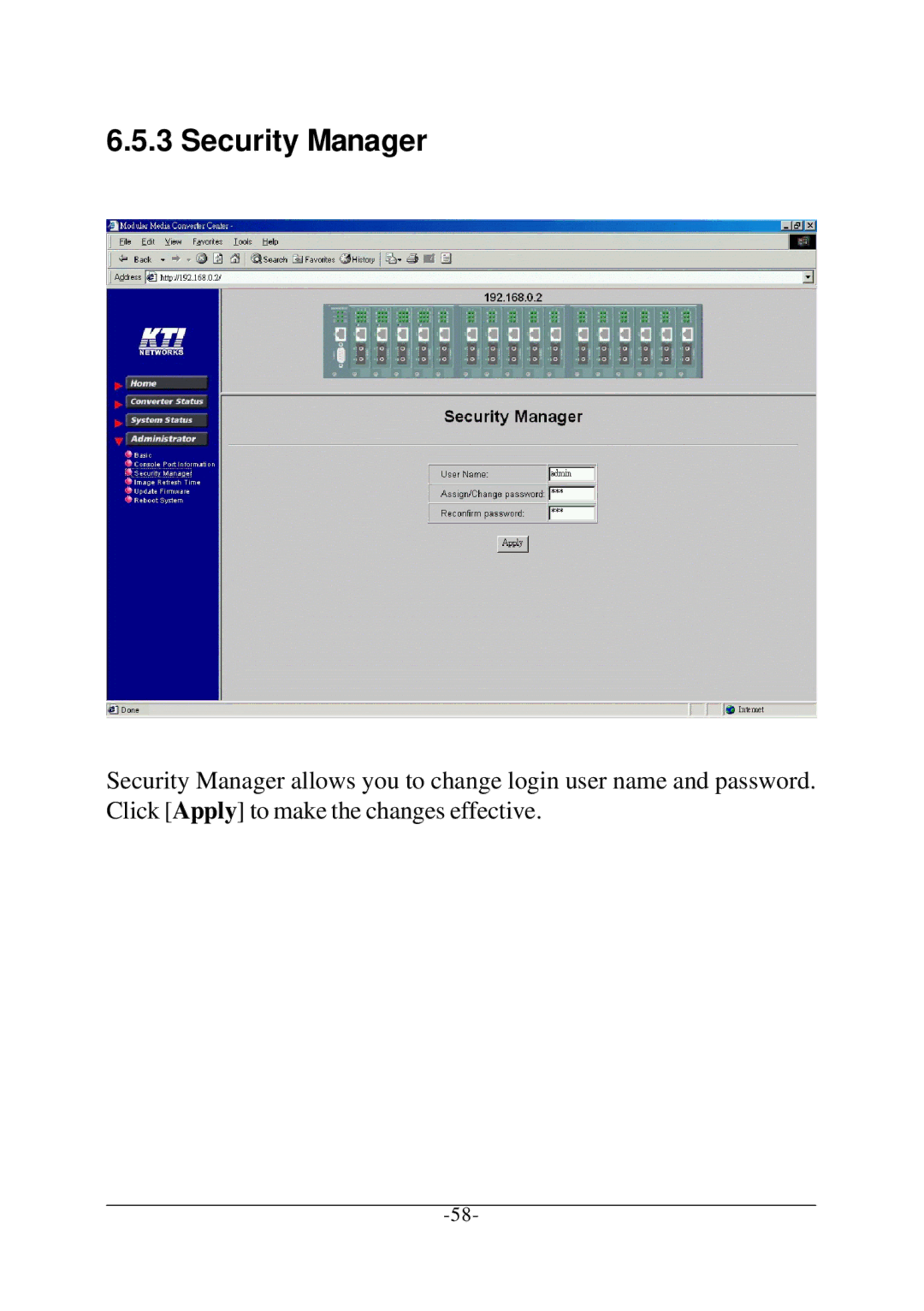 KTI Networks KC-1300 operation manual Security Manager 