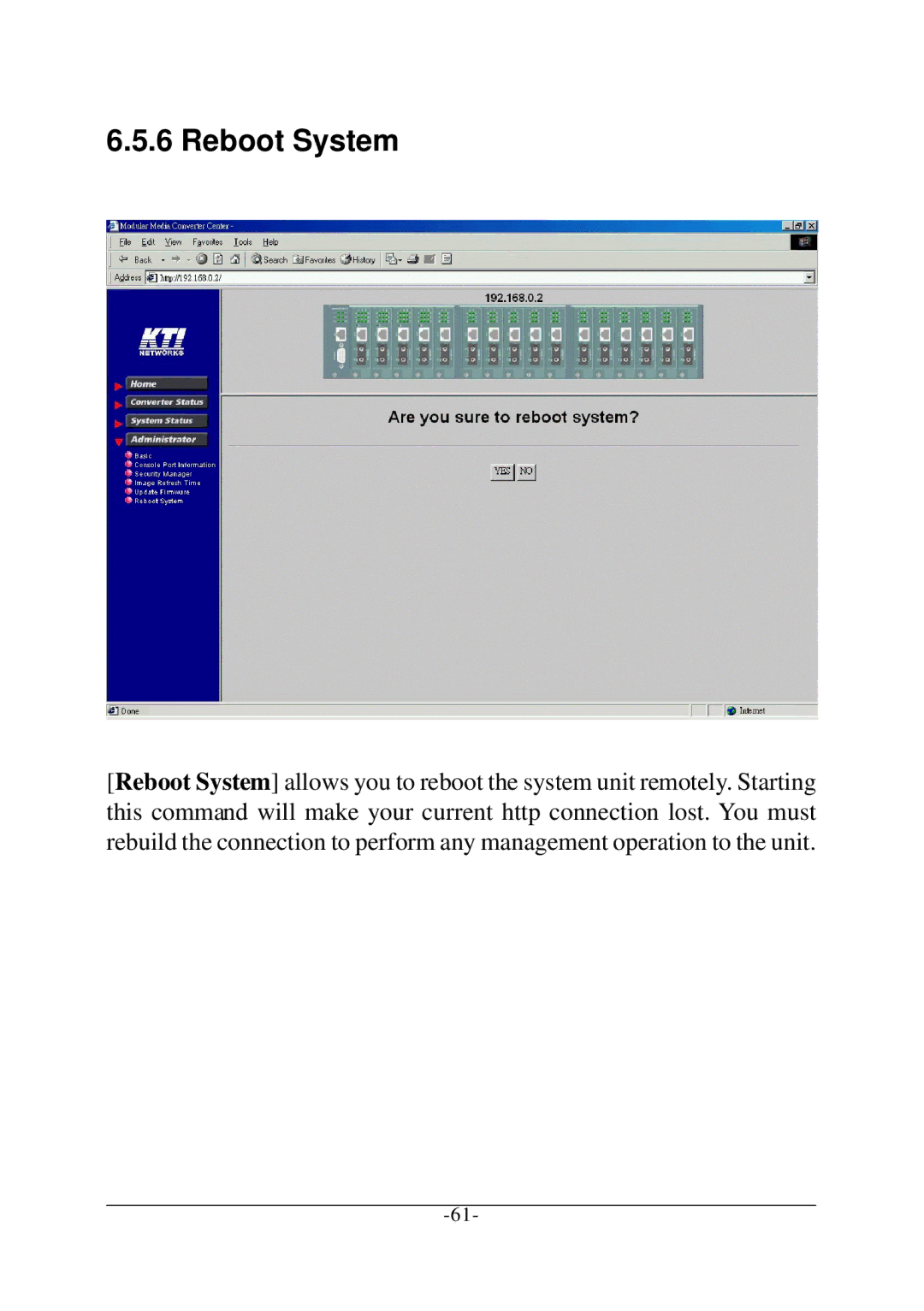 KTI Networks KC-1300 operation manual Reboot System 