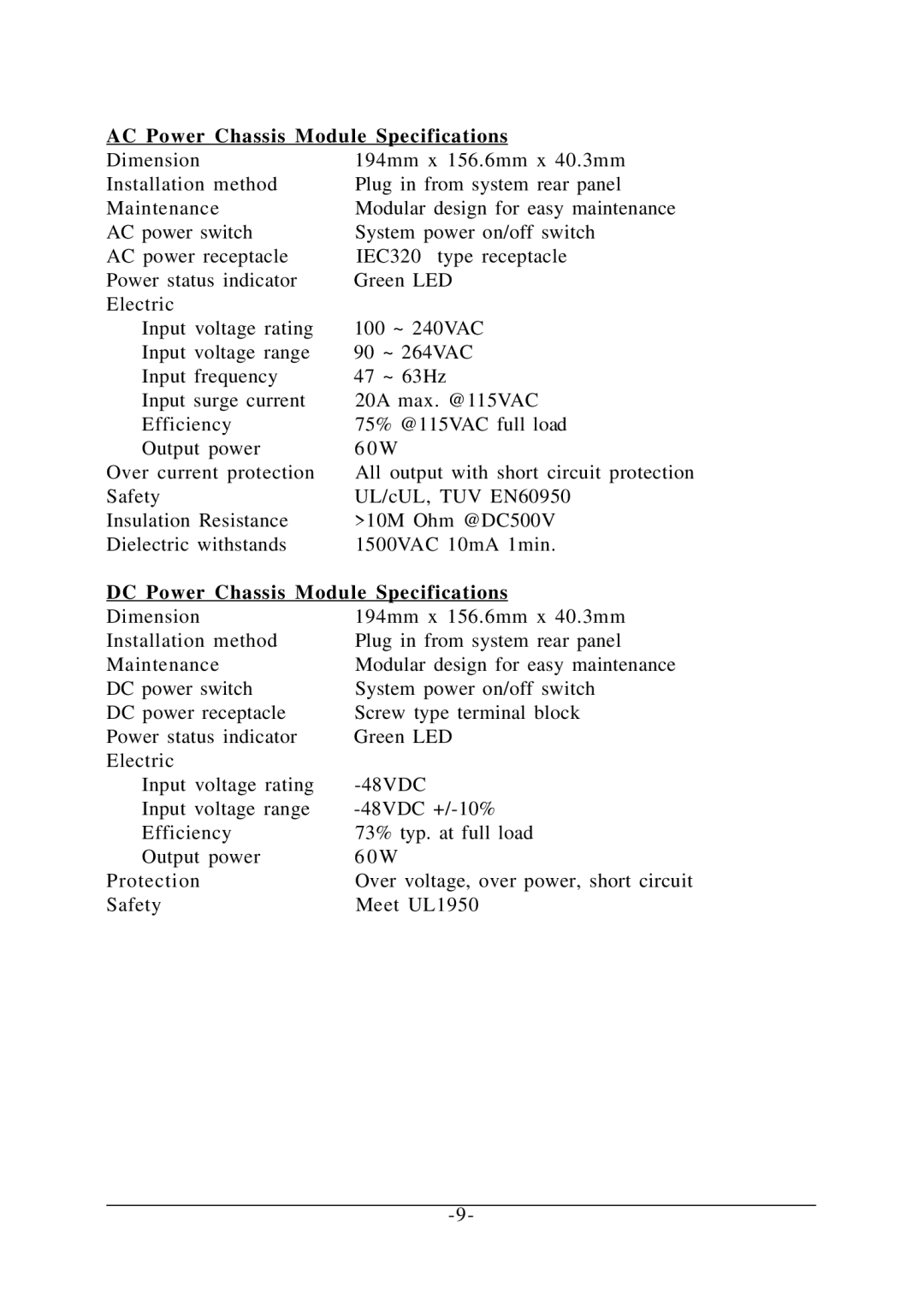 KTI Networks KC-1300 operation manual AC Power Chassis Module Specifications 