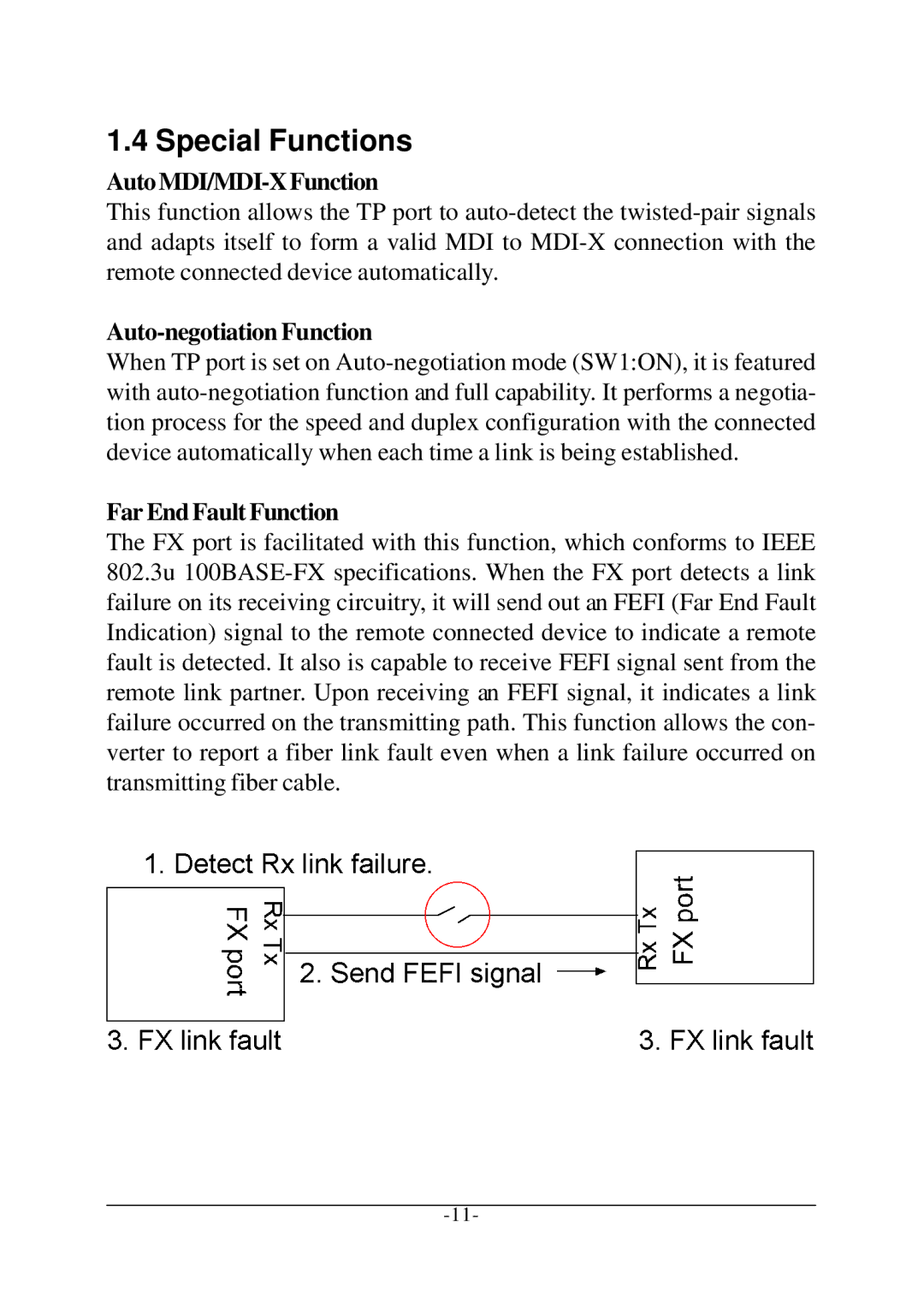 KTI Networks KC-300D manual Special Functions, AutoMDI/MDI-XFunction, Auto-negotiation Function, Far End Fault Function 