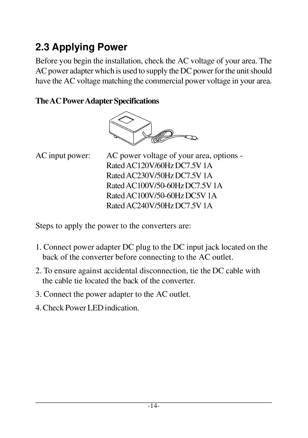 KTI Networks KC-300D manual Applying Power, AC Power Adapter Specifications 