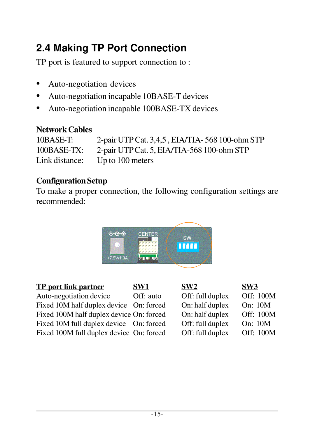 KTI Networks KC-300D manual Making TP Port Connection, Network Cables, Configuration Setup 