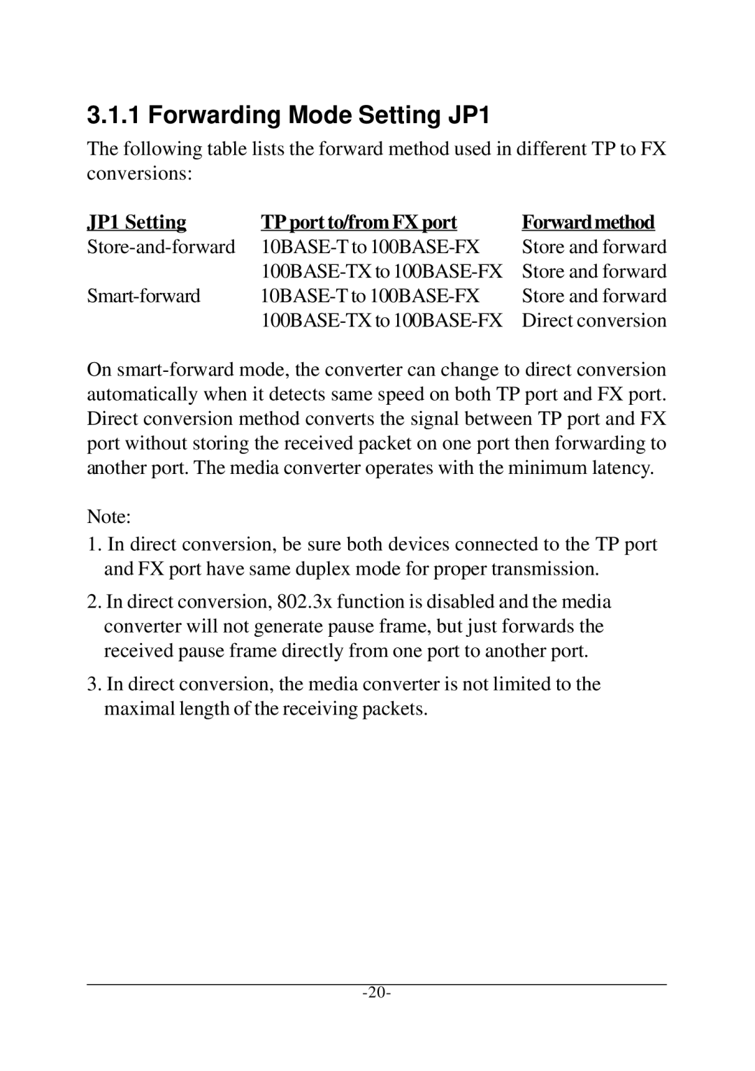 KTI Networks KC-300D manual Forwarding Mode Setting JP1, JP1 Setting TP port to/from FX port Forwardmethod 