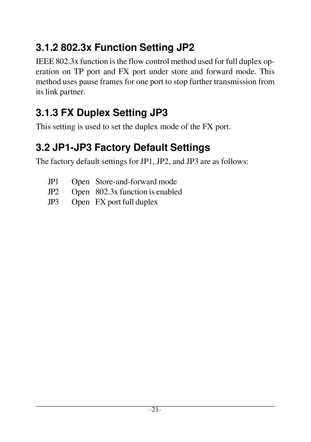 KTI Networks KC-300D manual 2 802.3x Function Setting JP2, FX Duplex Setting JP3, JP1-JP3 Factory Default Settings 