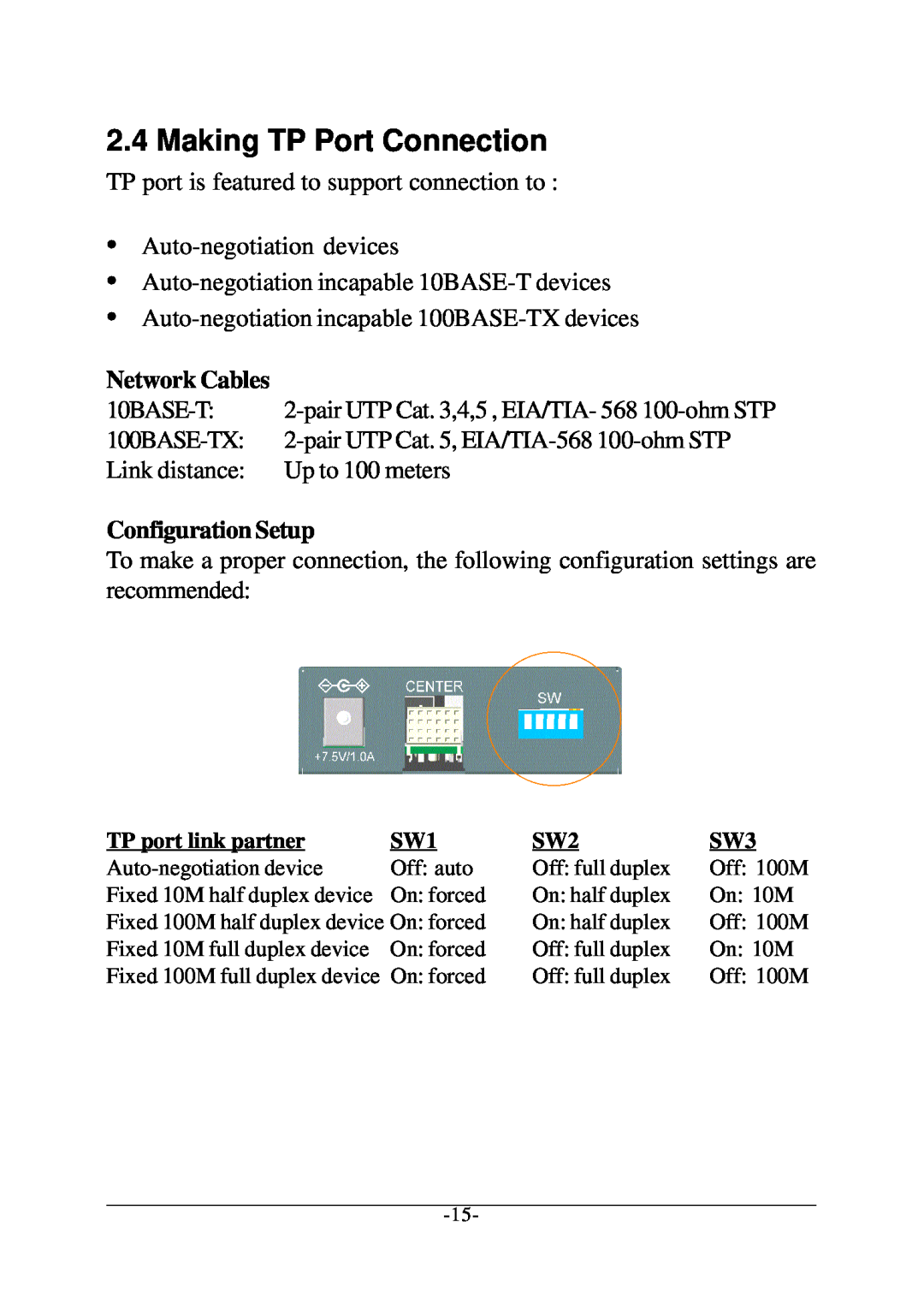 KTI Networks KC-300D manual Making TP Port Connection, Network Cables, Configuration Setup 