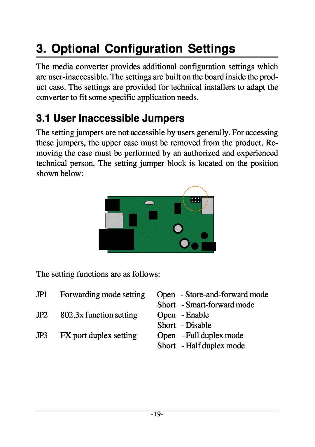 KTI Networks KC-300D manual Optional Configuration Settings, User Inaccessible Jumpers 