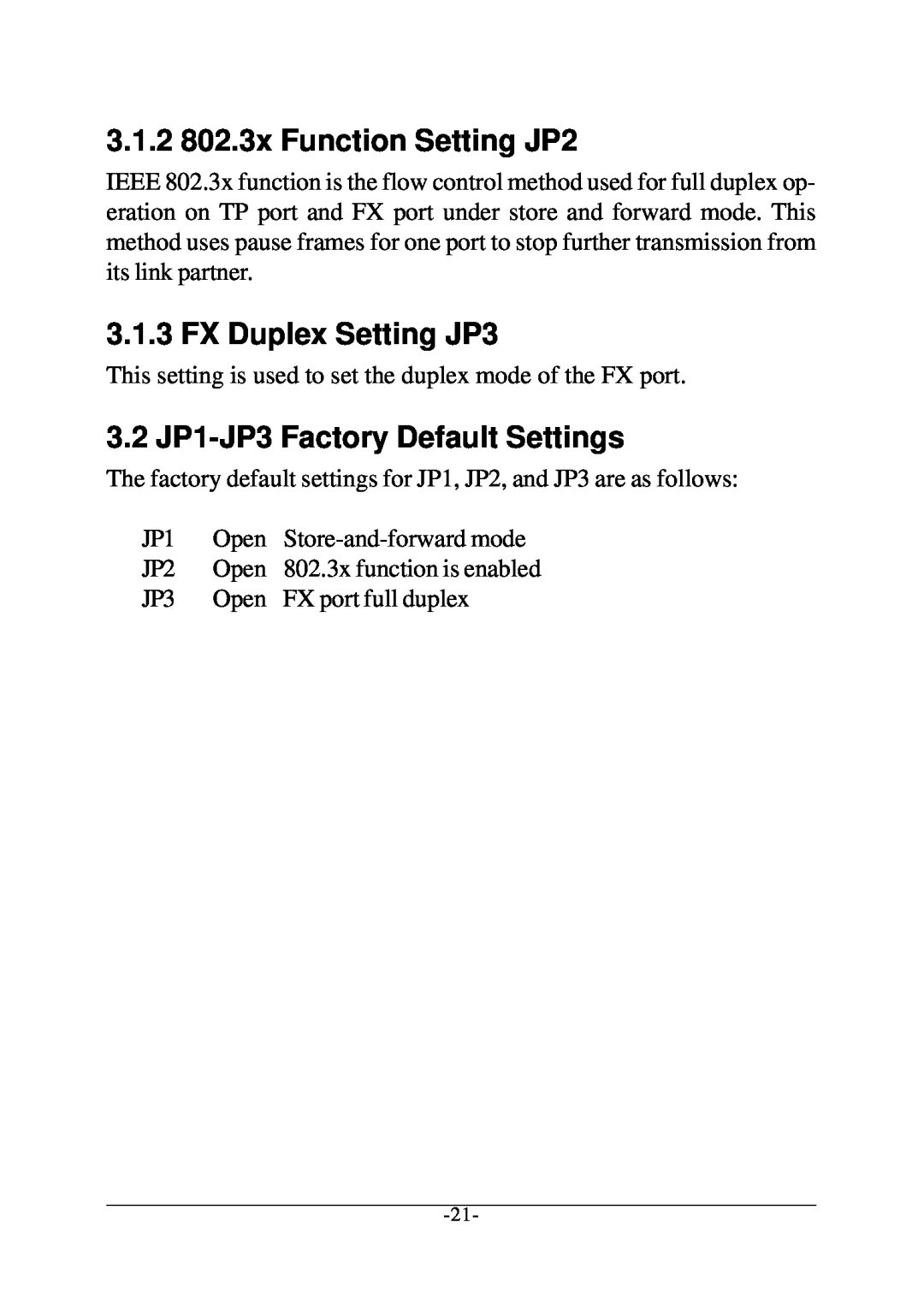 KTI Networks KC-300D manual 3.1.2 802.3x Function Setting JP2, FX Duplex Setting JP3, 3.2 JP1-JP3 Factory Default Settings 
