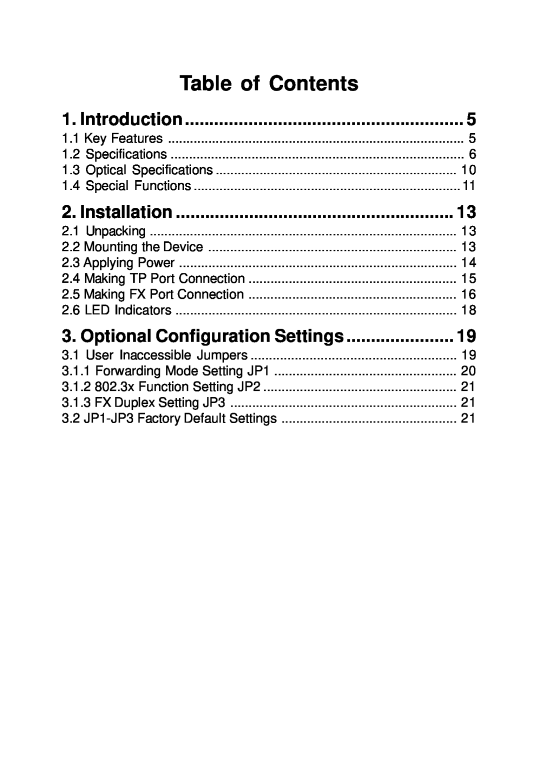 KTI Networks KC-300D manual Table of Contents, Introduction, Installation, Optional Configuration Settings 