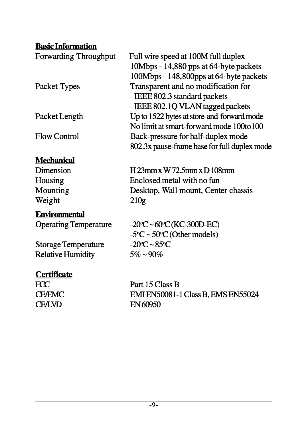 KTI Networks KC-300D manual Basic Information, Mechanical, Environmental, Certificate 