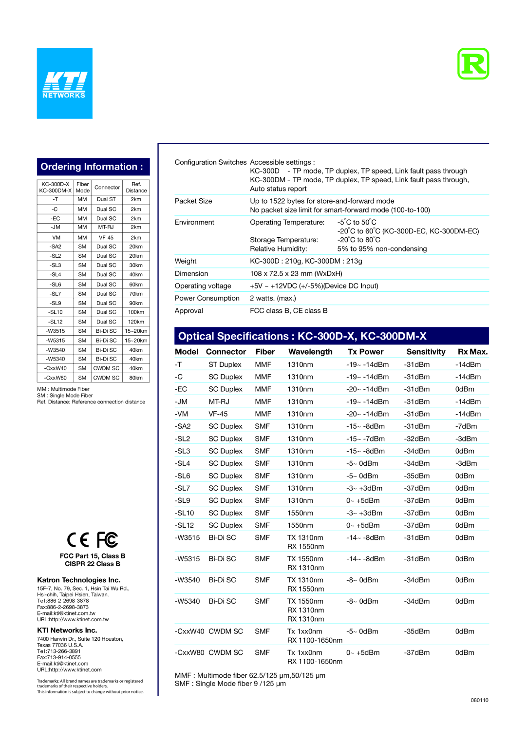 KTI Networks specifications Optical Specifications KC-300D-X, KC-300DM-X, Katron Technologies Inc, KTI Networks Inc 