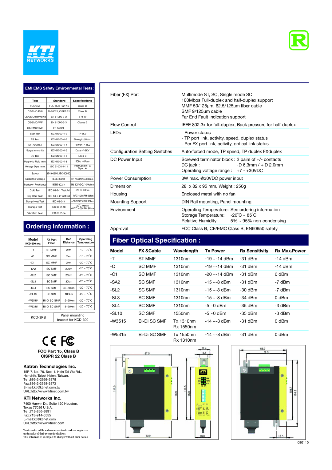 KTI Networks KCD-300 Fiber Optical Specification, Katron Technologies Inc, KTI Networks Inc, Test Standard, Model 