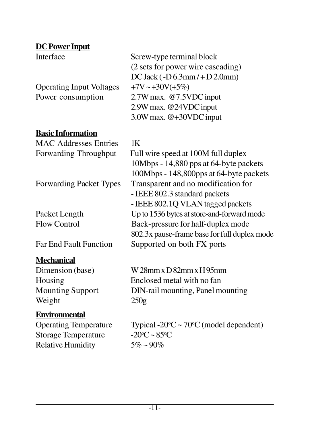 KTI Networks KCD-302 Series manual DC Power Input, Basic Information, Mechanical, Environmental 