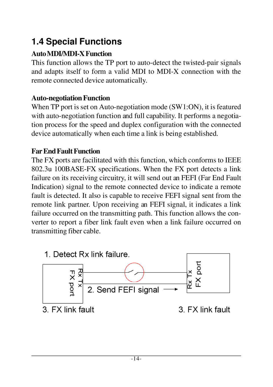 KTI Networks KCD-302 Series Special Functions, AutoMDI/MDI-XFunction, Auto-negotiation Function, Far End Fault Function 