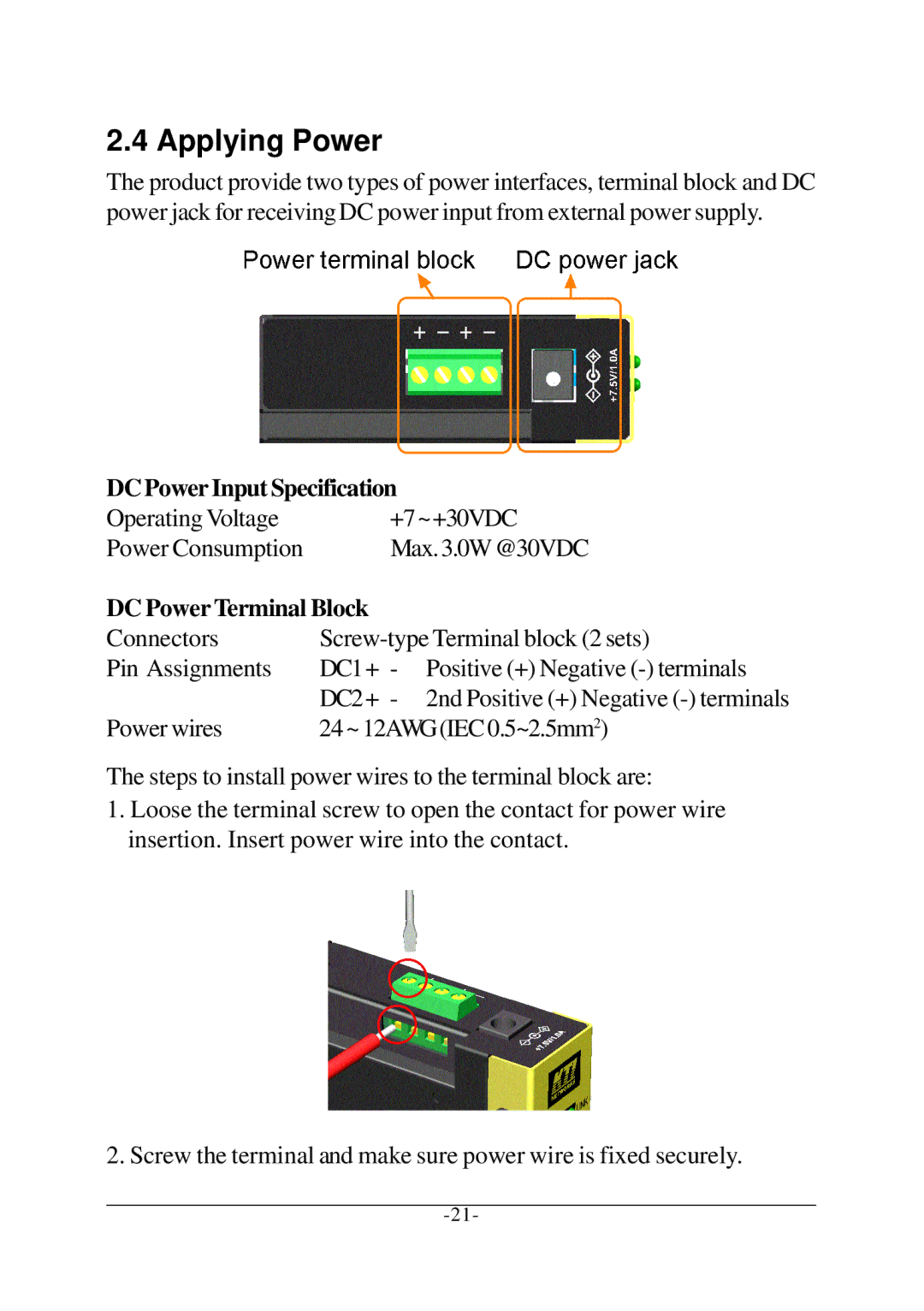 KTI Networks KCD-302 Series manual Applying Power, DC Power Input Specification, DC PowerTerminal Block 