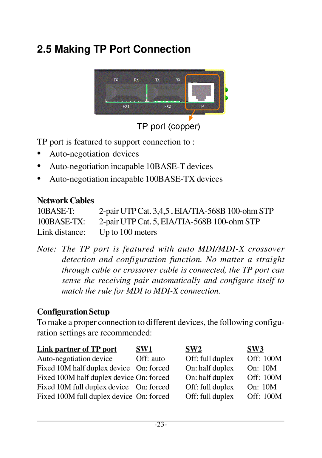 KTI Networks KCD-302 Series manual Making TP Port Connection, Network Cables, Configuration Setup 