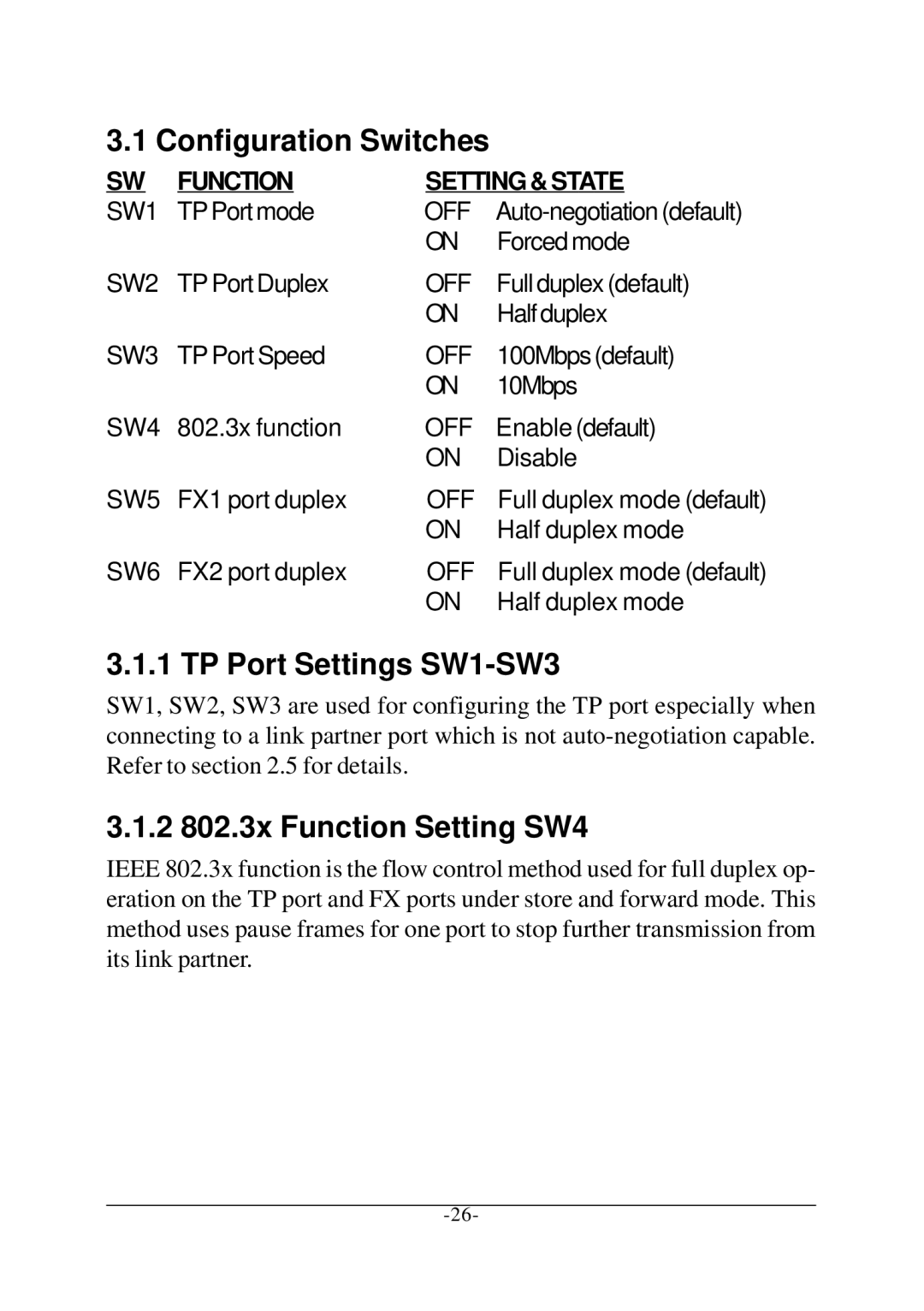 KTI Networks KCD-302 Series manual Configuration Switches, TP Port Settings SW1-SW3, 2 802.3x Function Setting SW4 