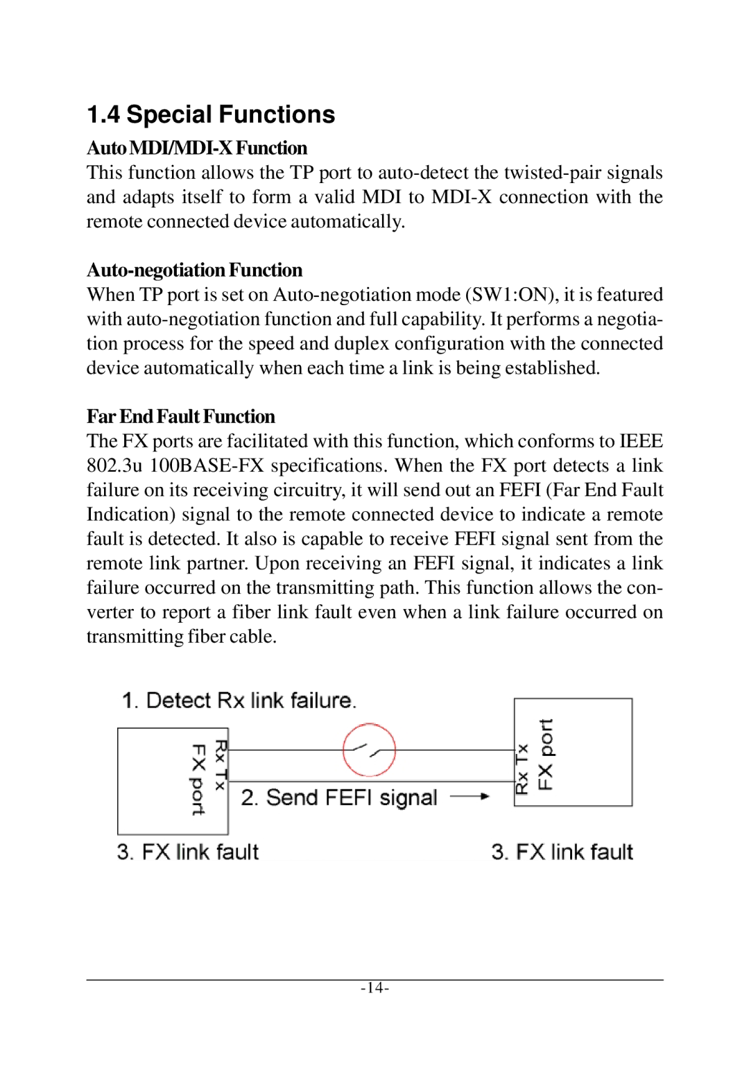 KTI Networks KCD-302 manual Special Functions, Auto MDI/MDI-X Function, Auto-negotiation Function, Far End Fault Function 