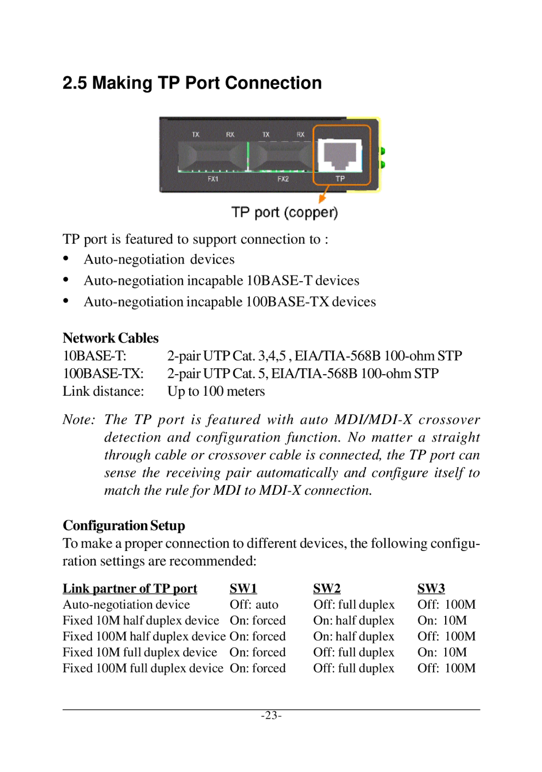 KTI Networks KCD-302 manual Making TP Port Connection, Network Cables, Configuration Setup 