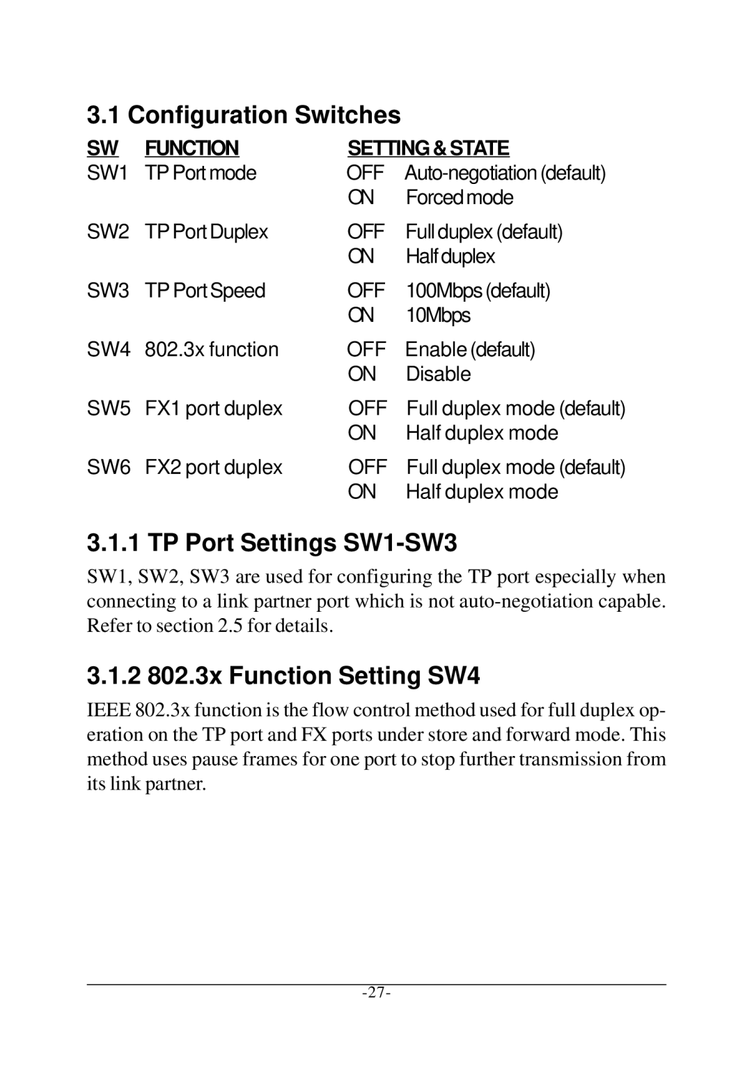 KTI Networks KCD-302 manual Configuration Switches, TP Port Settings SW1-SW3, 2 802.3x Function Setting SW4 