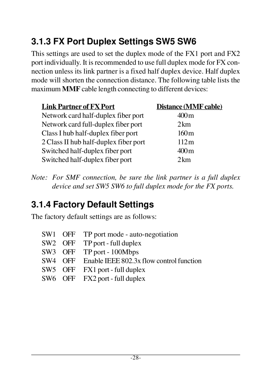 KTI Networks KCD-302 FX Port Duplex Settings SW5 SW6, Factory Default Settings, Link Partner of FX Port Distance MMF cable 