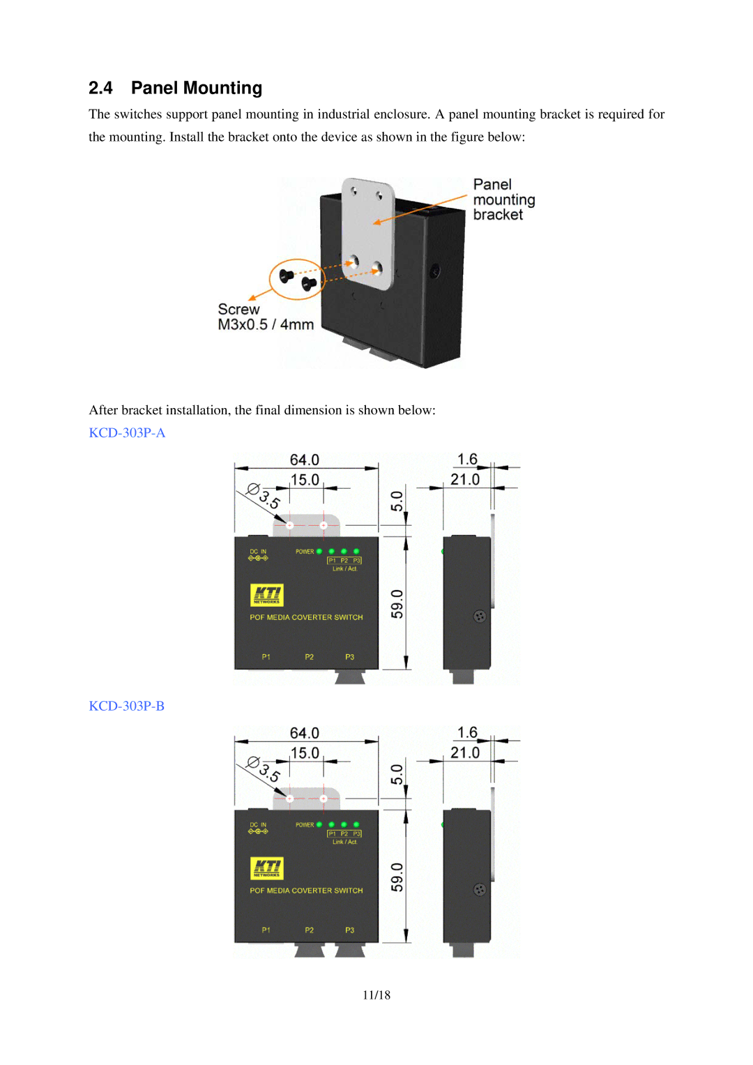 KTI Networks KCD-303P-B2, KCD-303P-A1, KCD-303P-A2, KCD-303P-B1 manual Panel Mounting 