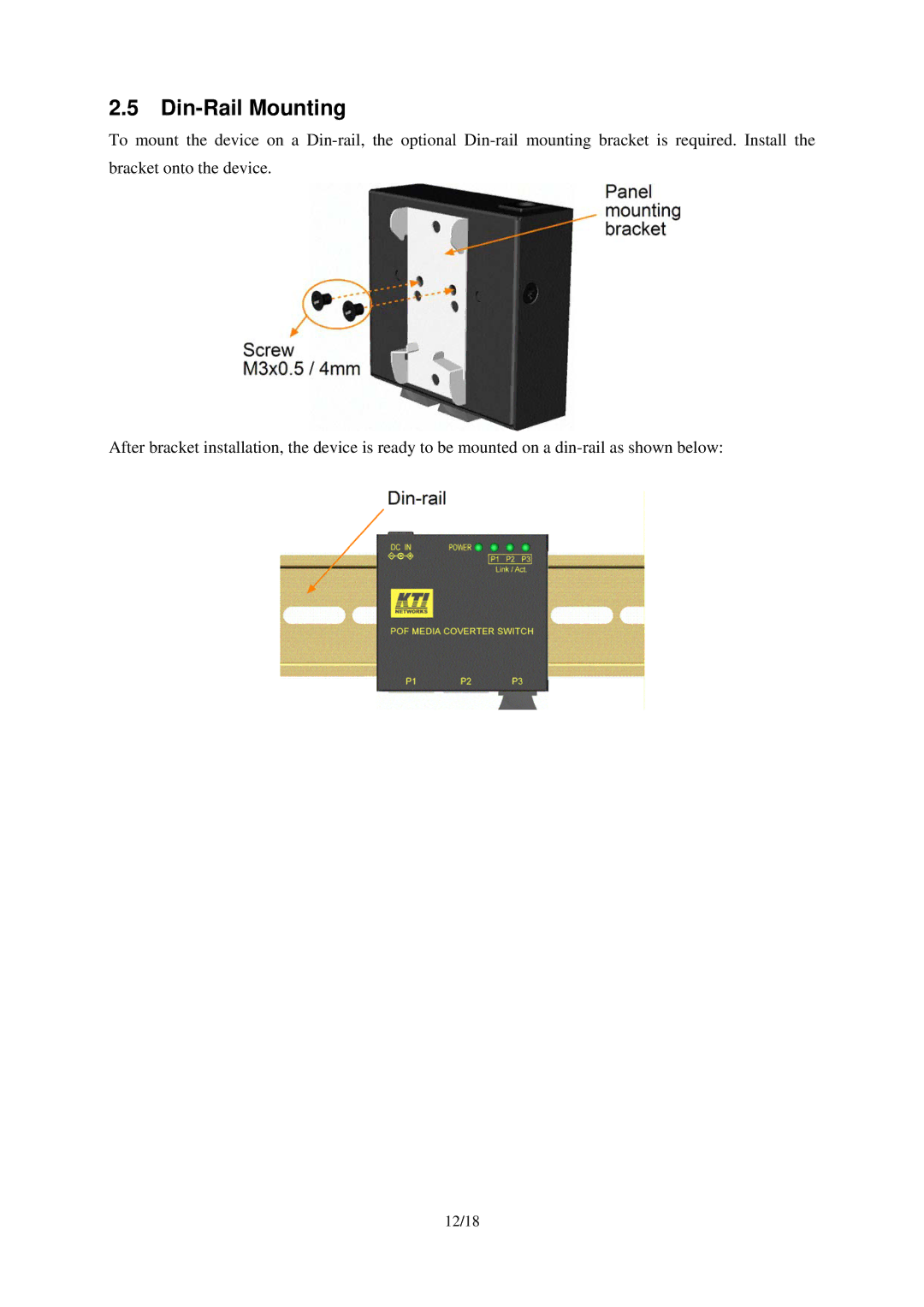 KTI Networks KCD-303P-A1, KCD-303P-A2, KCD-303P-B1, KCD-303P-B2 manual Din-Rail Mounting 