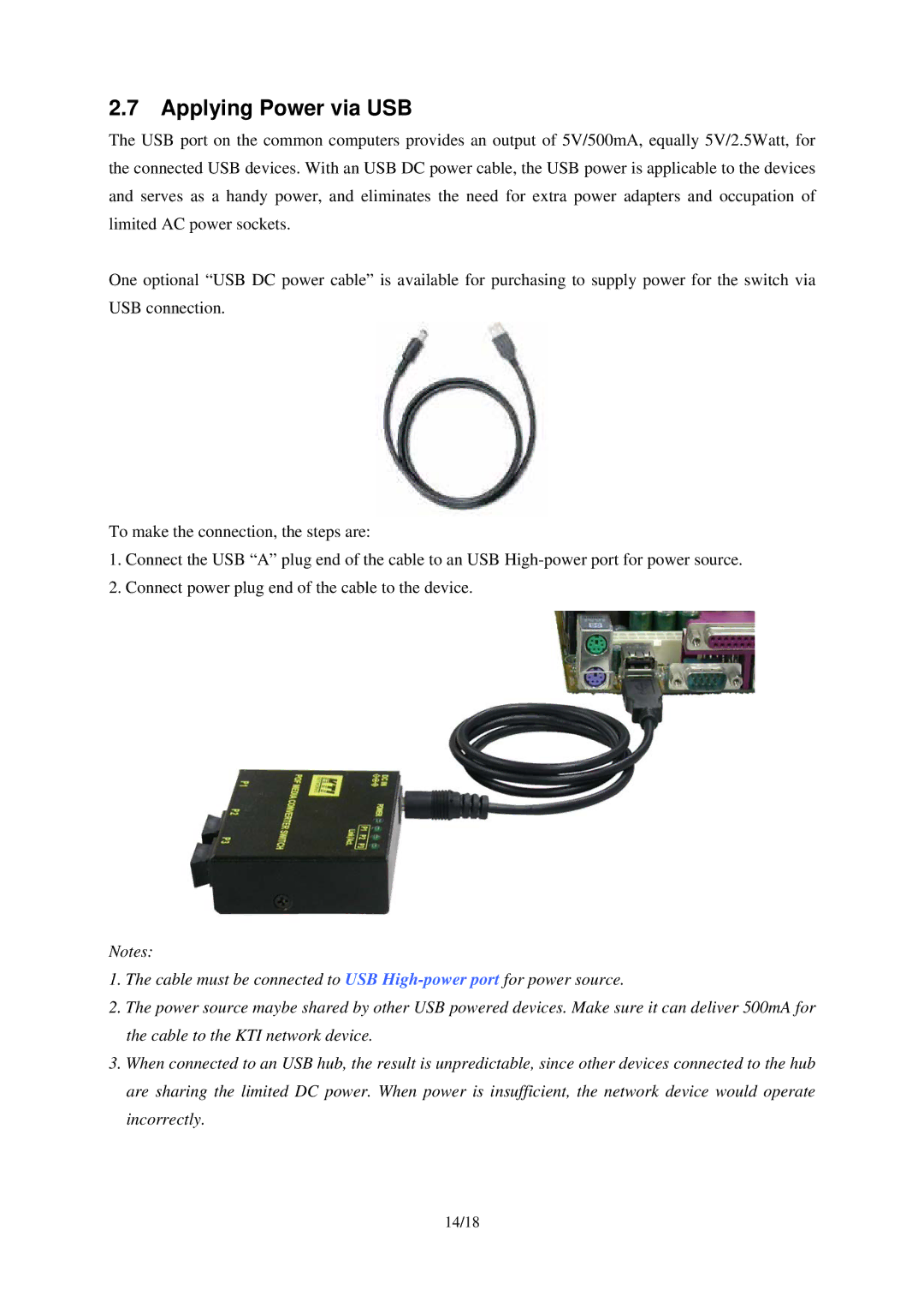 KTI Networks KCD-303P-B1, KCD-303P-A1, KCD-303P-A2, KCD-303P-B2 manual Applying Power via USB 